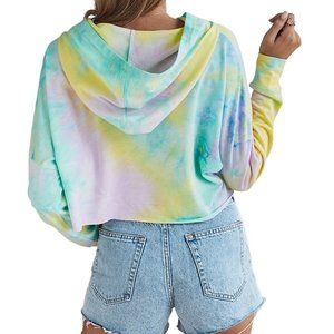 Pastel Tie Dye Cropped Pullover Hoodie Hand Dyed Yellow Pink Aqua L, XL